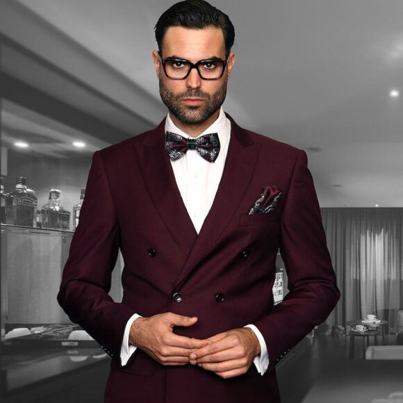 Mens Classic Wool Double Breasted Suit in Burgundy - Picture 1 of 2